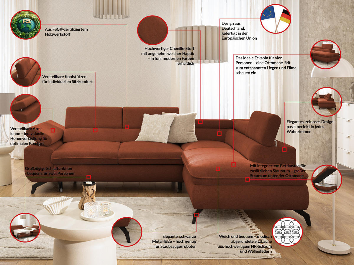 ECKSOFA mit Schlaffunktion und Bettkasten Bonnie aus Terrakotta Chenille-Stoff mit verstellbaren Kopfstützen und Armlehne - Ottomane rechts - Terracotta/Schwarz, Holz/Textil (275/210cm) - S-Style Möbel