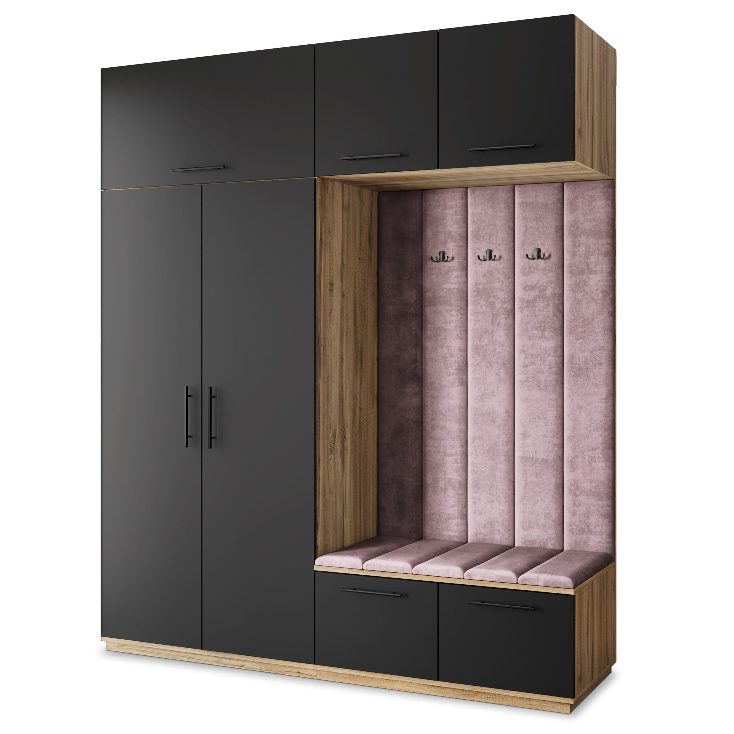 Masseno Garderobenschrank Eiche Wotan, Schwarz, Lila 200x240x60 cm