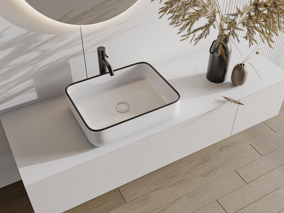 AUFSATZWASCHBECKEN rechteckig - Keramik - Weiß mit schwarzer Umrandung - 50 x 39 cm - JUNIKO II - Schwarz, Keramik (50/13/39cm) - Vente-Unique