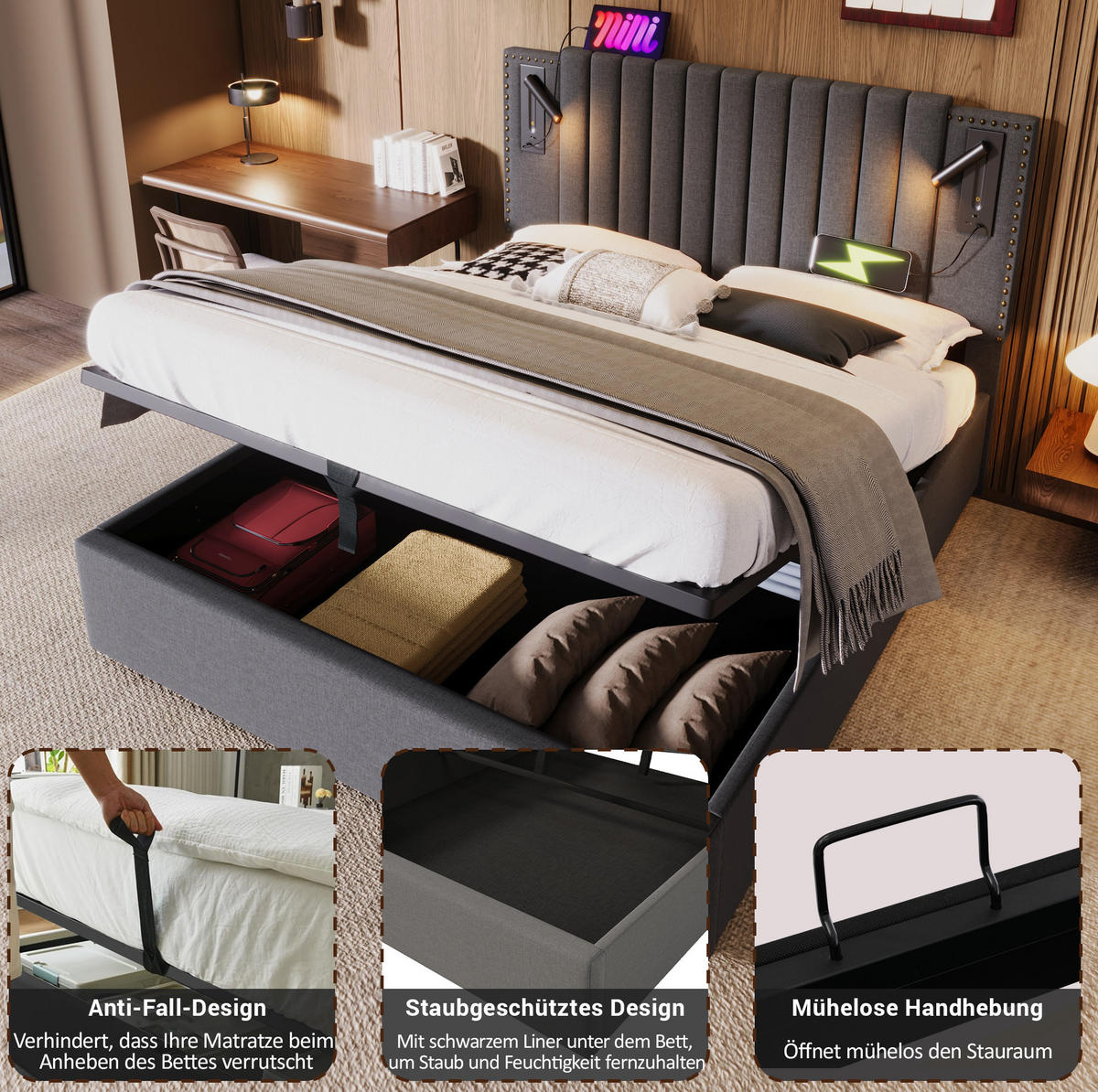 ČALOUNĚNÁ postel 160/200 cm šedá z bavlny s úložným prostorem, čtecím světlem a USB - šedá, textil (160/200cm) - OKWISH