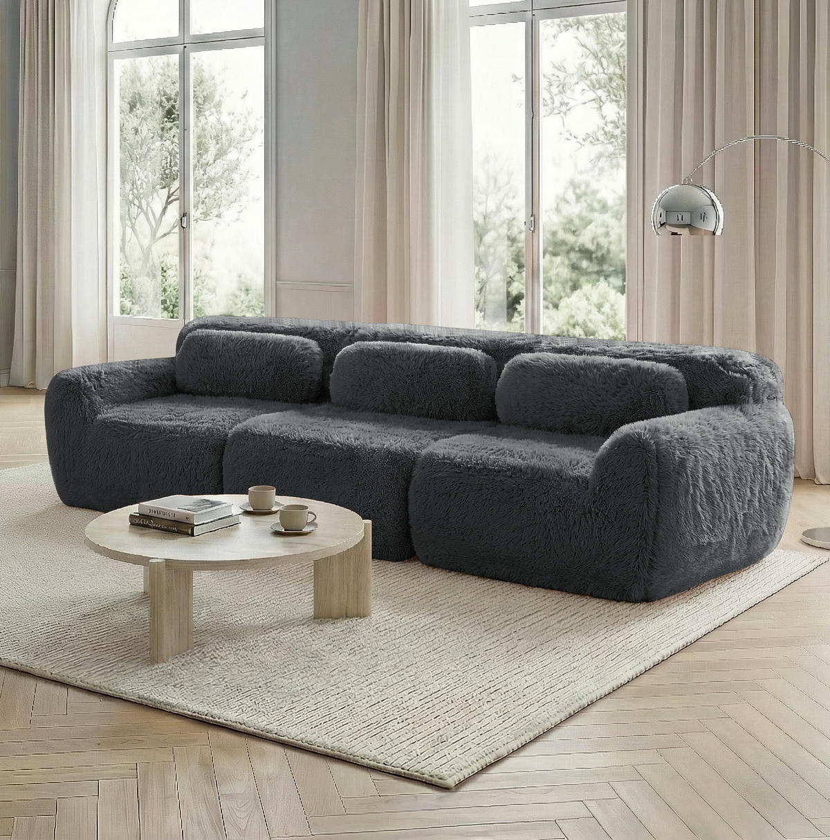 ECKSOFA mit Plüschbezug Grau 291x104x73 cm, modular, mit rutschfester Basis - Grau, Textil (104/291cm) - IVMEU