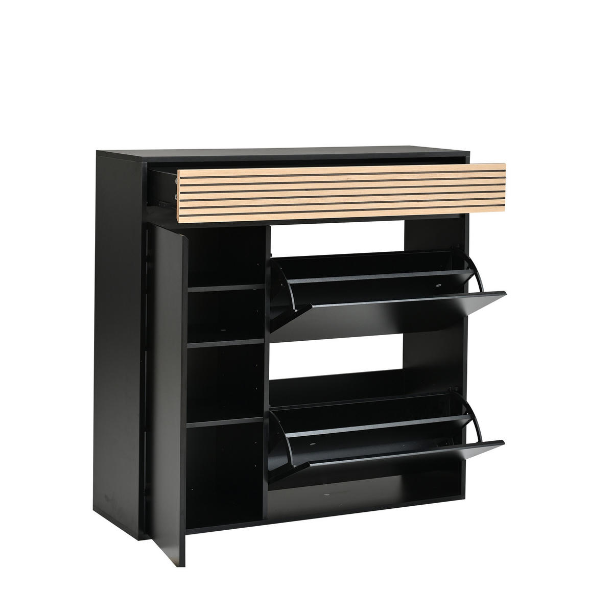 SCHUHSCHRANK 100×35×105cm Schwarz Naturholz mit 2 Klappen - Schwarz/Naturfarben, Holzwerkstoff (100/105/35cm) - FLIEKS
