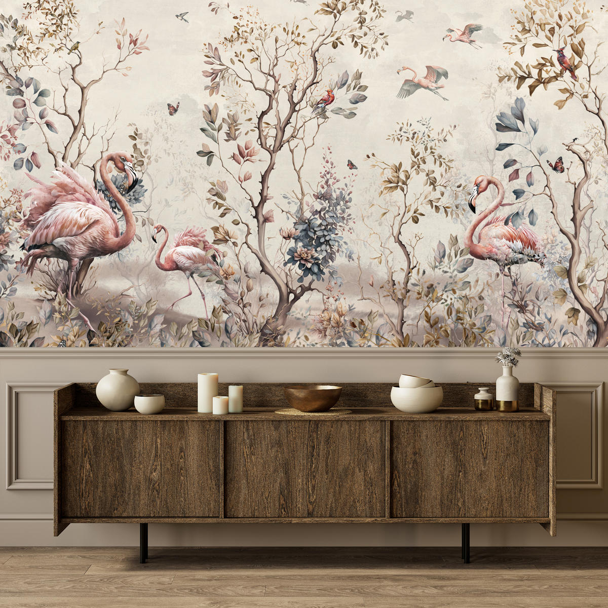 FOTOTAPETE für Wohnzimmer Wunderschöne Flamingos Natur Schmetterlinge 500x350 - Multicolor, Papier (500/350cm) - Muralo
