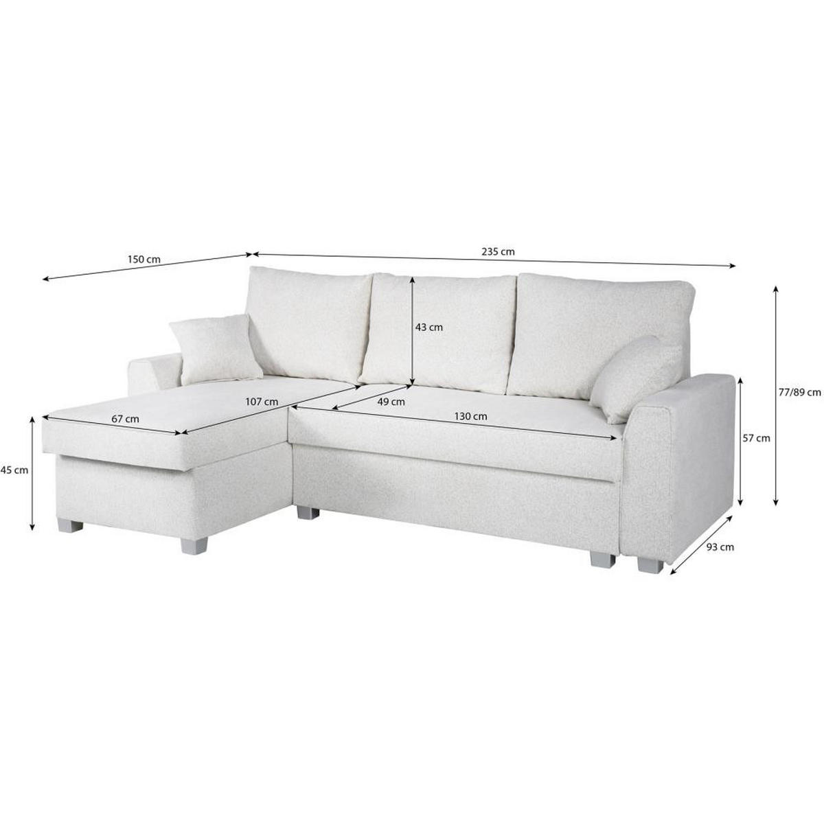 ECKSCHLAFSOFA Teramo hellgrau - Hellgrau/Schwarz, Kunststoff/Textil (235/150cm) - Beautysofa