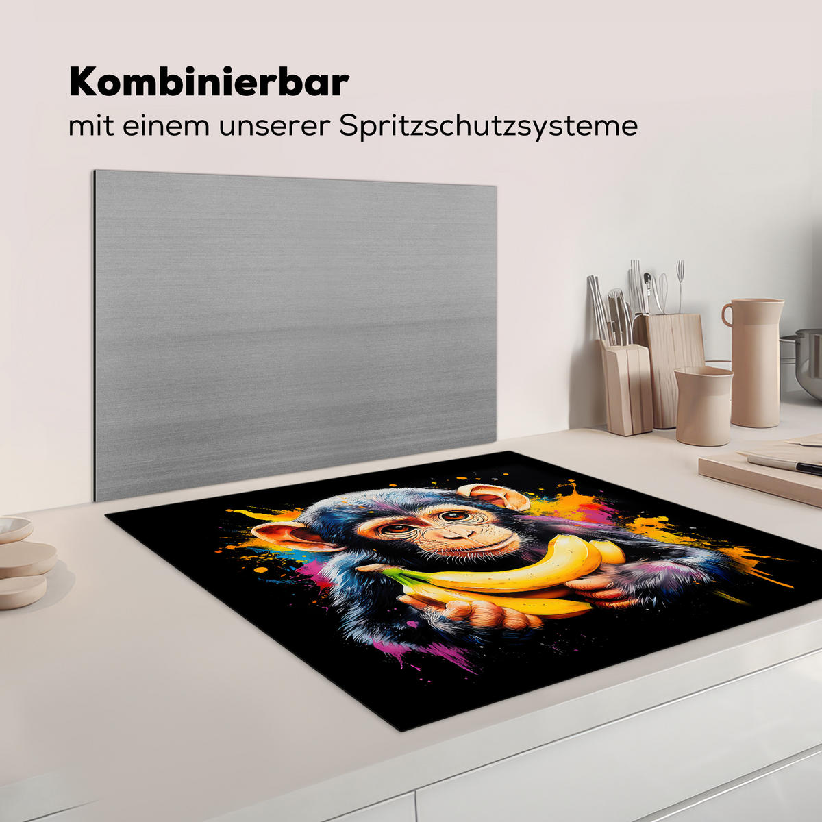 KRYT NA INDUKČNÍ DESKU Opice - Graffiti - Barevné - Banány - Moderní 78x78 cm - žlutá, plast (78/78/0.2cm) - MuchoWow