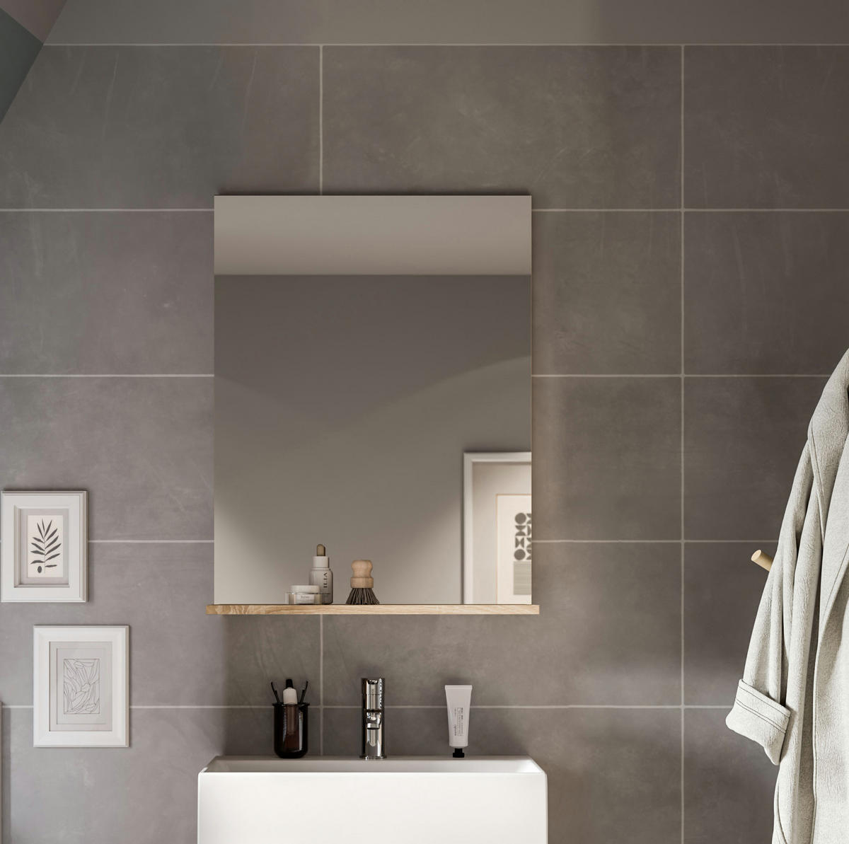 SPIEGEL Lambada Bad in Sonoma Eiche hell und weiß hochglanz B/H/T: 60x79x18 cm - Sonoma Eiche, Glas (60/79/18cm)