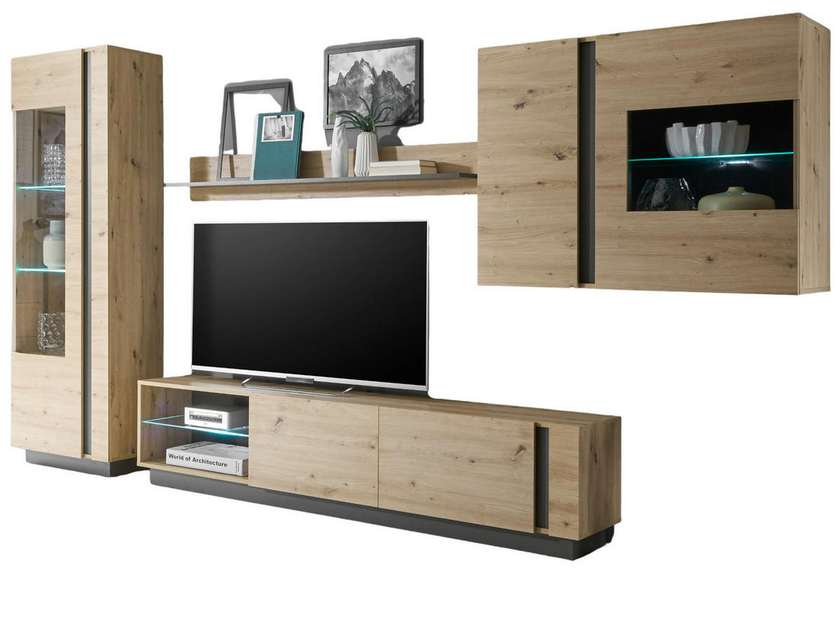 WOHNWAND Eiche Artisan, Graphit grau 4-teilig 315 cm, Schrankwand mit Soft-Close - Eiche Artisan/Grau, Glas/Holz (315/194/40cm) - Furn.Design