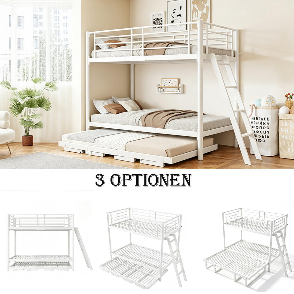 METALL-ETAGENBETT 90 x 200 mit Ausziehbett, Weiß - Weiß, Holz (90/200cm) - FLIEKS