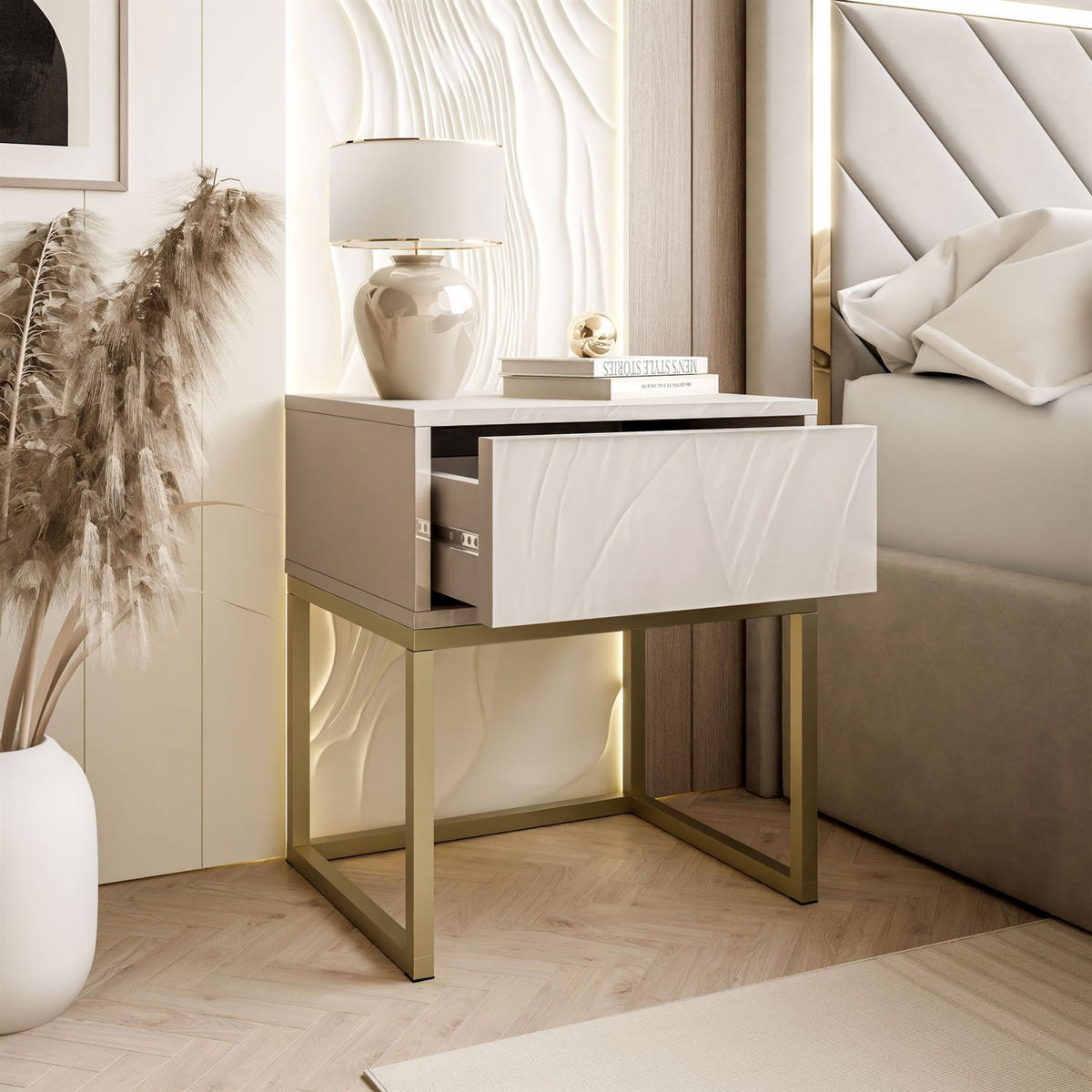 NACHTTISCH BLANCO KASZMIR auf Gestell PUSH OPEN kaschmir/gold - Goldfarben, Holzwerkstoff (45/52/37cm) - Lookway