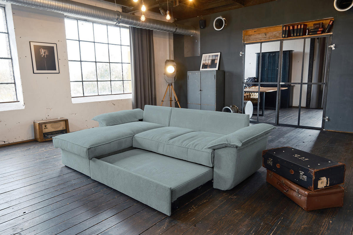 ECKSOFA DAMETO Hellblau Cord - Schwarz/Hellblau, Kunststoff/Textil (266/174cm) - KAWOLA