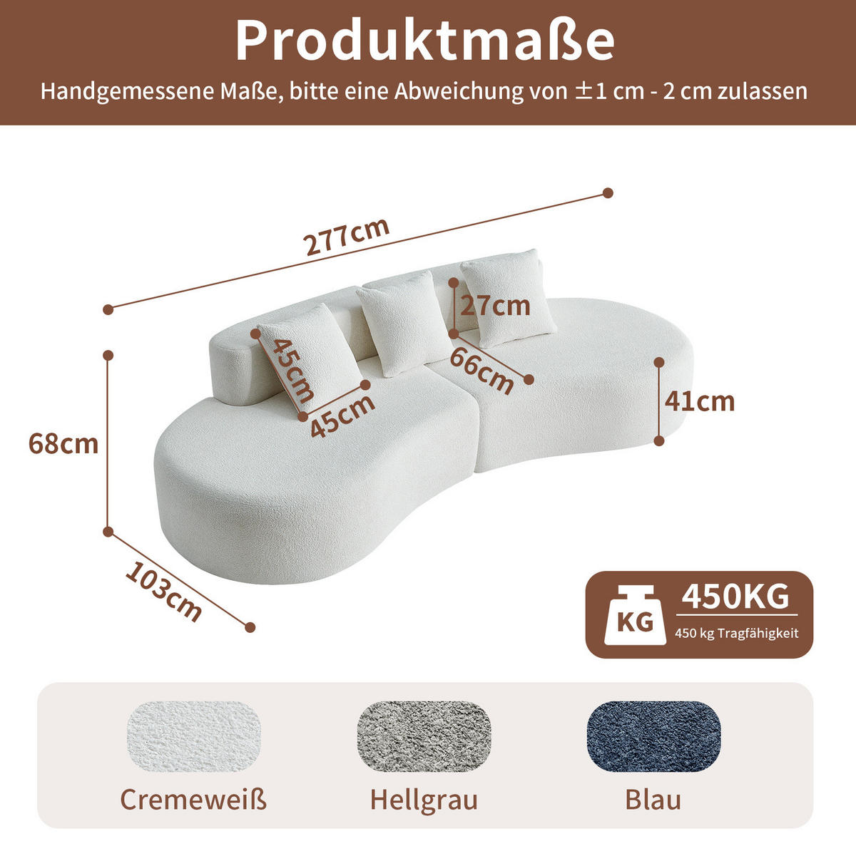 ECKSOFA mit Samtstoffbezug Weiß 277x103x68 cm, 3-Sitzer in geschwungener Form - Weiß, Textil (103/277cm) - IVMEU