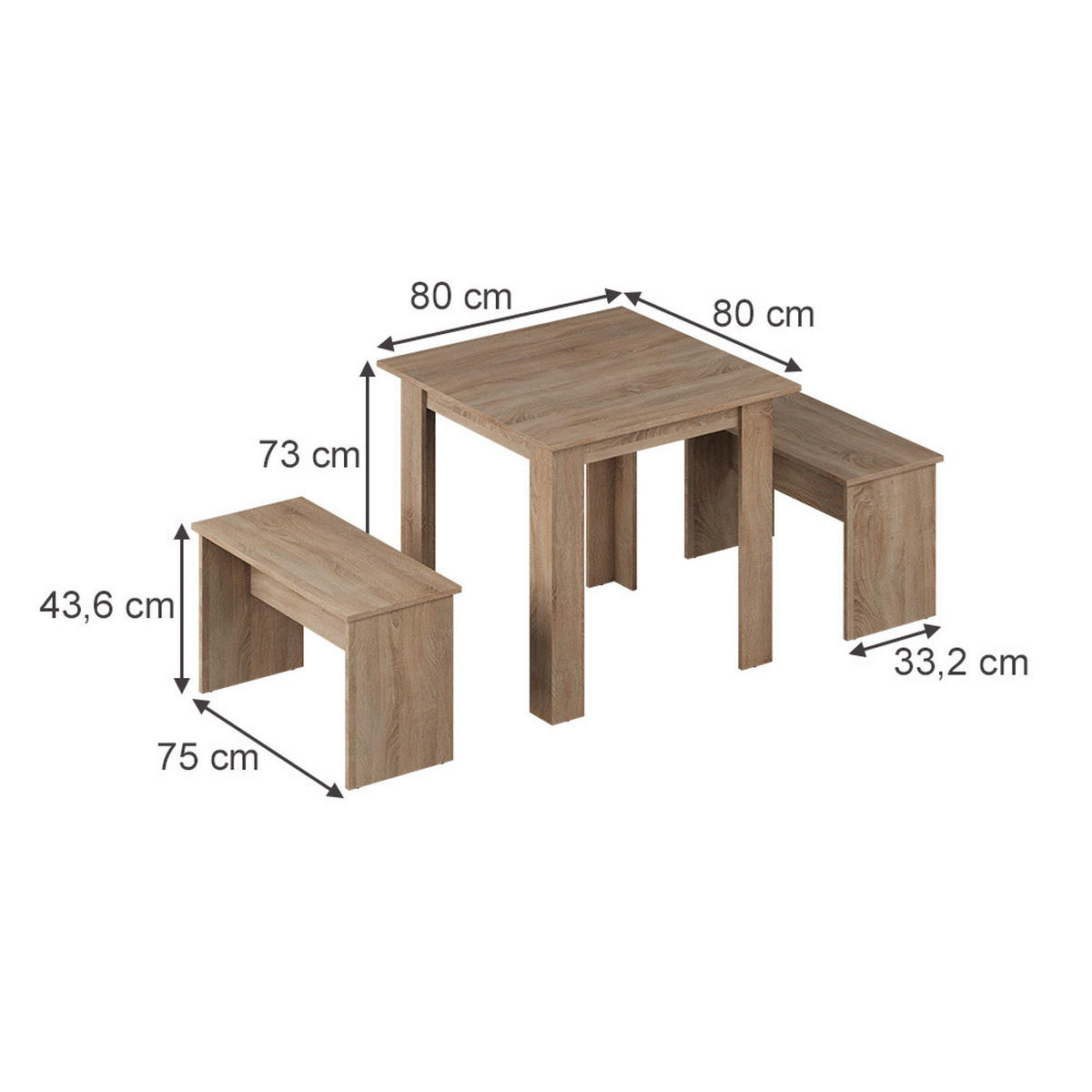 ESSTISCH SET Sentio Sonoma 80 x 80 cm mit 2 Bänken - Sonoma Eiche, Holzwerkstoff (80/73/80cm) - Vicco