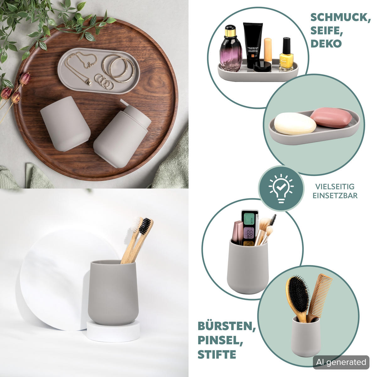 BAD-ACCESSOIRES-SET TESERO, Soft-Touch, taupe - Taupe, Kunststoff (18.5/13.5/10cm) - eluno