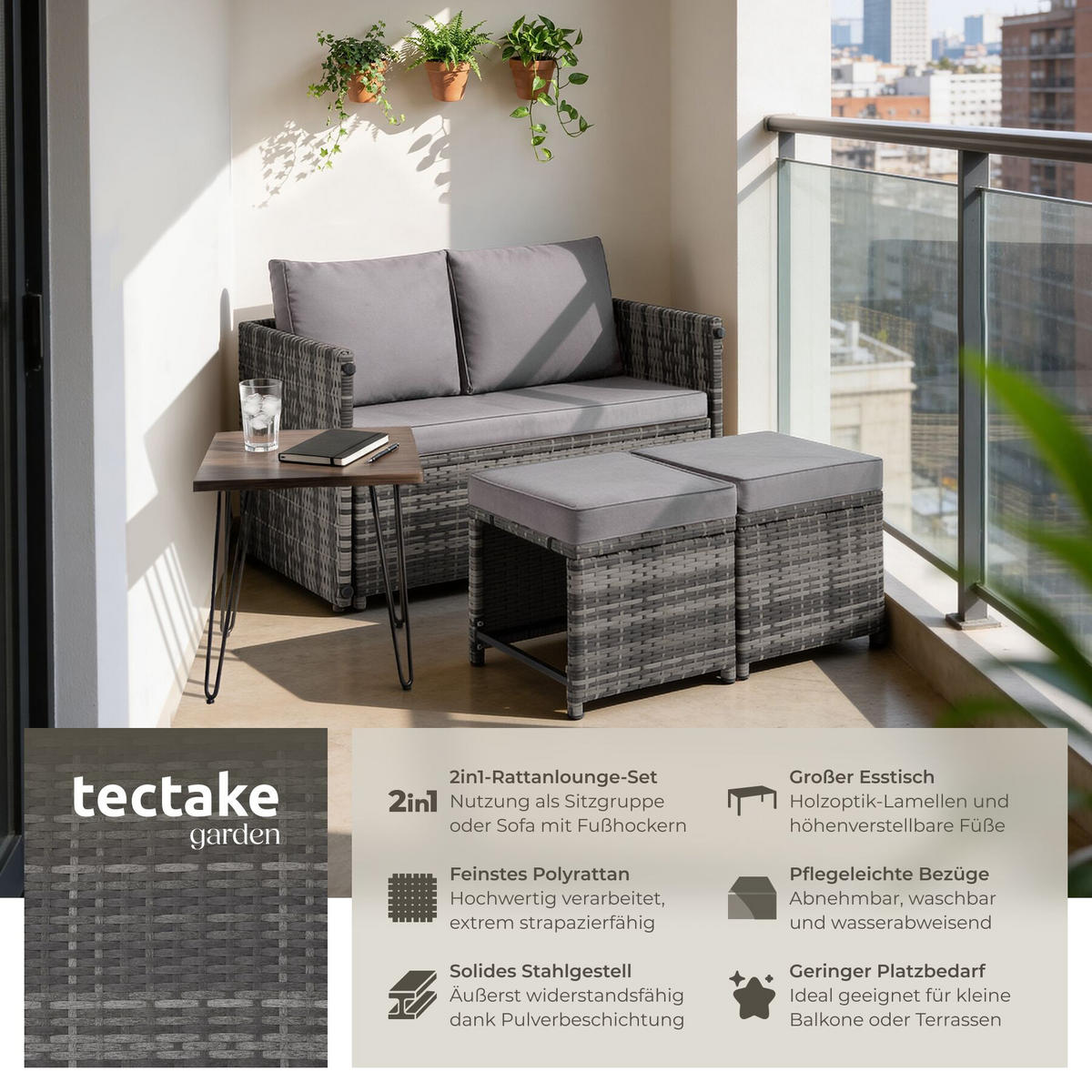 2-IN-1-RATTANLOUNGE-SET Monopoli, höhenverstellbare Tischfüße, grau - Grau, Kunststoff - tectake