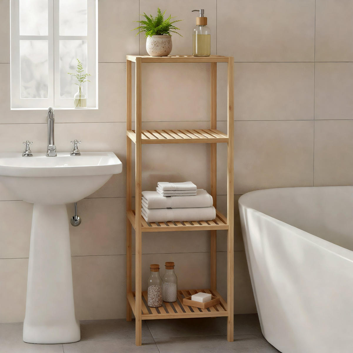 BADREGAL Neuss M 36x36x112cm Holz Natura Badezimmer-Aufbewahrungsregal - Naturfarben, Holz (36/112/36cm) - DELUKE