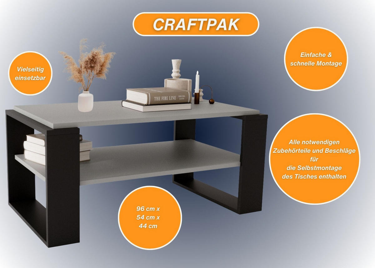 COUCHTISCH Holzwerkstoff rechteckig stabil Dunkelgrau 42/54/96cm - Dunkelgrau/Schwarz, Holzwerkstoff (53.8/96/42cm) - CraftPAK