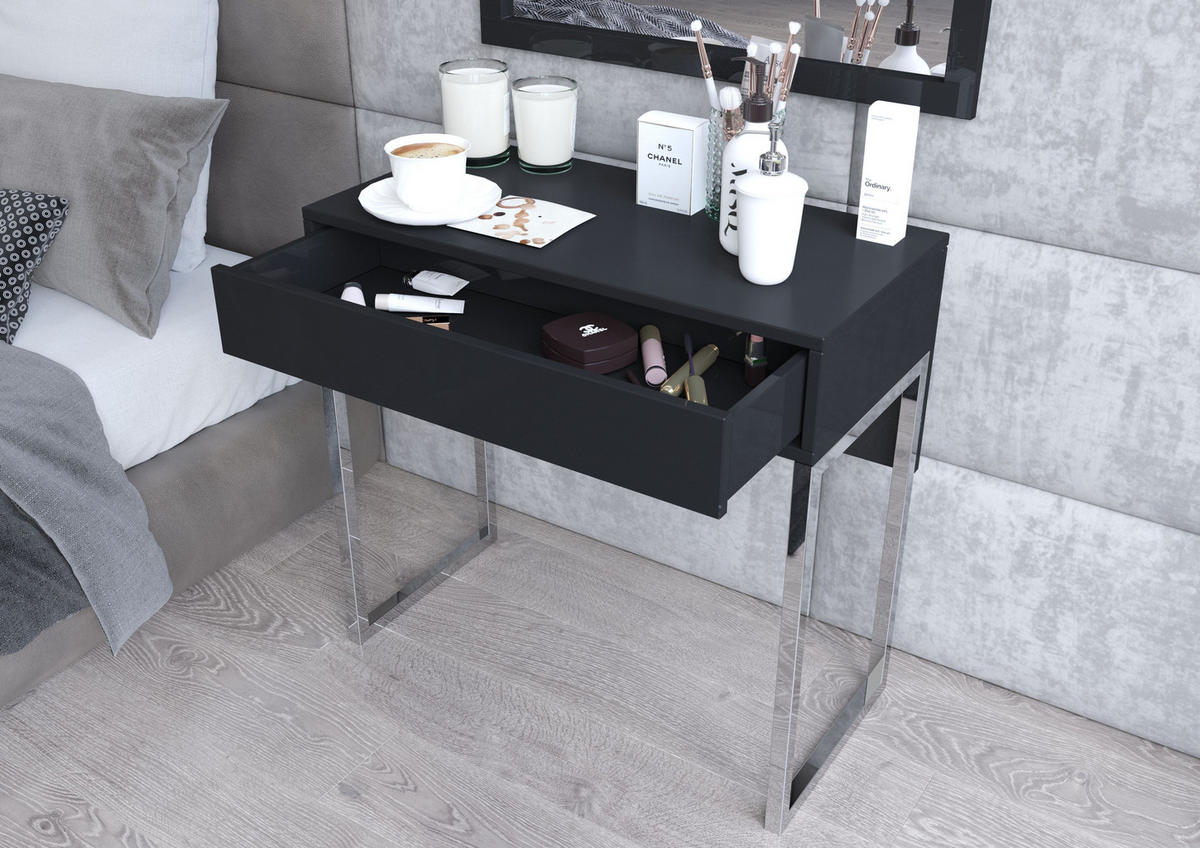 SCHMINKTISCH Eva, Schwarz, Silberne Beine, Hochglanz - Schwarz Hochglanz/Silberfarben, Holzwerkstoff/Metall (40/80/76cm) - Kayani