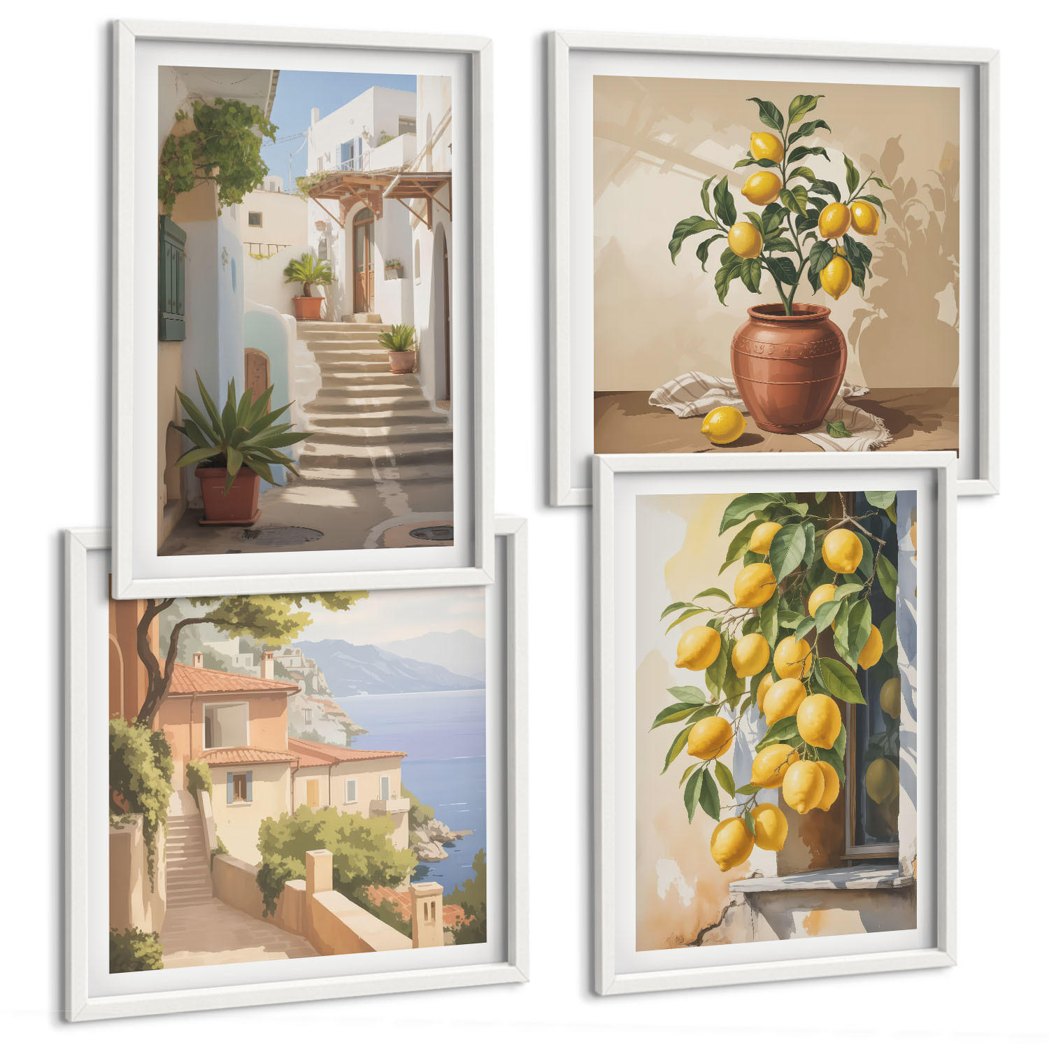 BILDER SET 4er Set - 50x50 cm & 40x60 cm Weißer Rahmen - Lemon Streets Meerblick - Weiß, Kunststoff (50/50cm) - TULUP