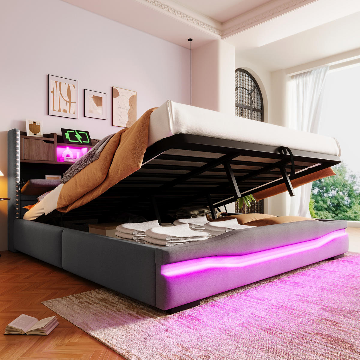 POLSTERBETT 180x200 cm LED USB grau - Grau, Textil (180/200cm) - LEBENLANG