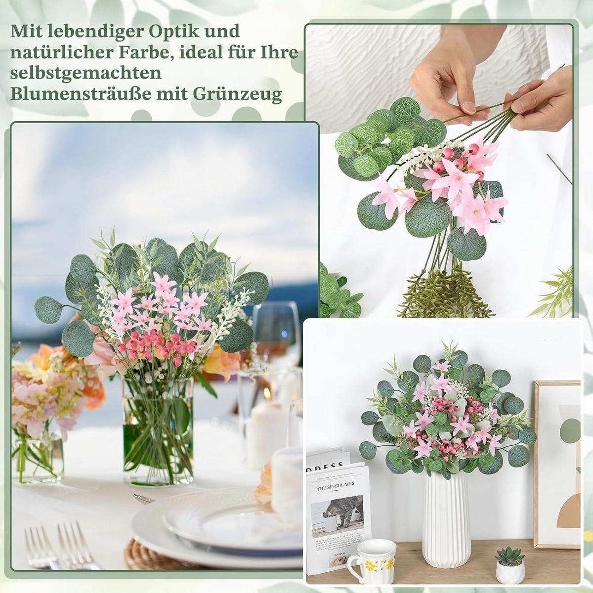 KUNSTBLUMEN Set 75 Stück Eukalyptus Rosa und Grün - Multicolor, Kunststoff (20cm)