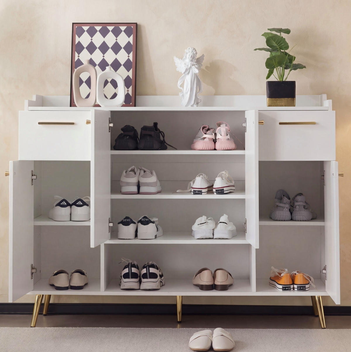 SCHUHSCHRANK mit 2 Schubladen und 4 Türen 130 x 37 x 100 cm Weiß - Weiß, Holzwerkstoff (37/100/130cm) - Beauniv