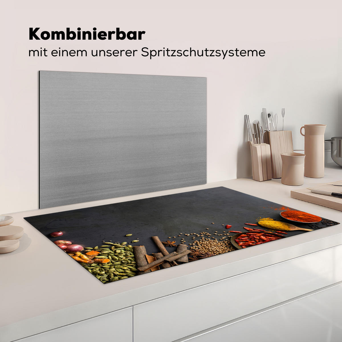 KRYT NA INDUKČNÍ DESKU Bylinky - Potraviny - Koření - Černá - Paprika - Skořice 91.2x52 cm - kari žlutá, plast (91.2/52/0.2cm) - MuchoWow