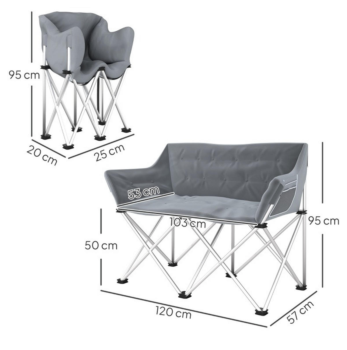 CAMPINGSTUHL 120/57/95 cm klappbar mit Seitentaschen und Metallgestell, Grau - Grau, Metall (120/95/57cm) - Redom