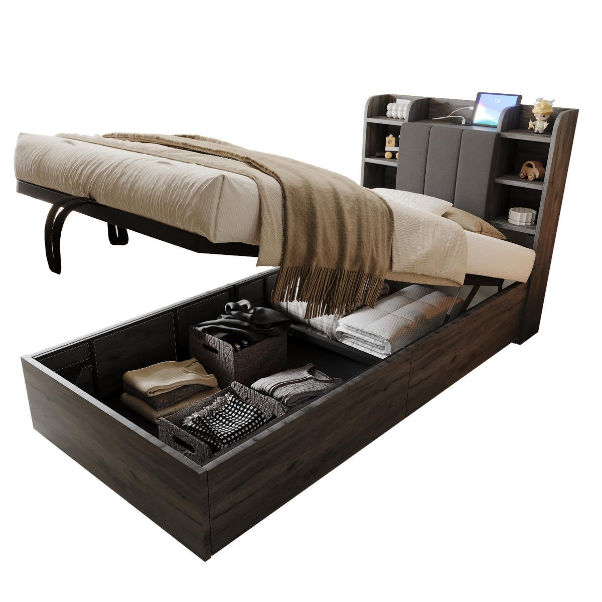 JUGENDBETT 90/200 cm in Grau mit Bettkasten, USB und Type-C - Grau, Holz/Holzwerkstoff (90/200cm) - WISHDOR