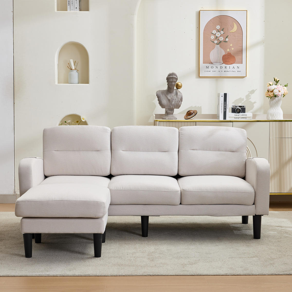 ECKSOFA mit Chaiselongue und Seitentasche für flexible Nutzung - Beige, Textil (204/136cm) - EVRYAE