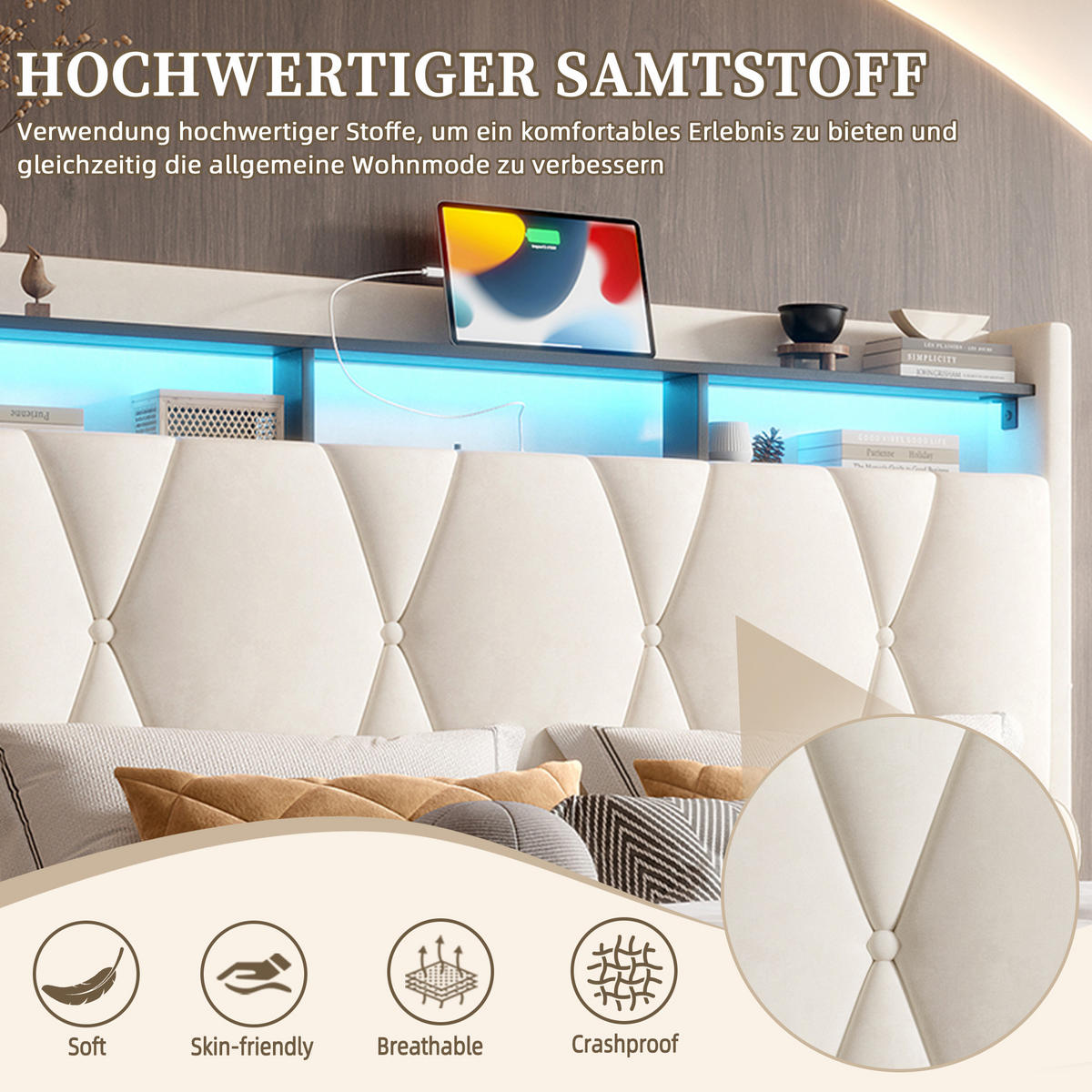 ČALOUNĚNÁ POSTEL samet béžový 160x200 cm s LED osvětlením, USB-C a úložným prostorem v čele postele - béžová, textil (160/200cm) - Urban Meuble