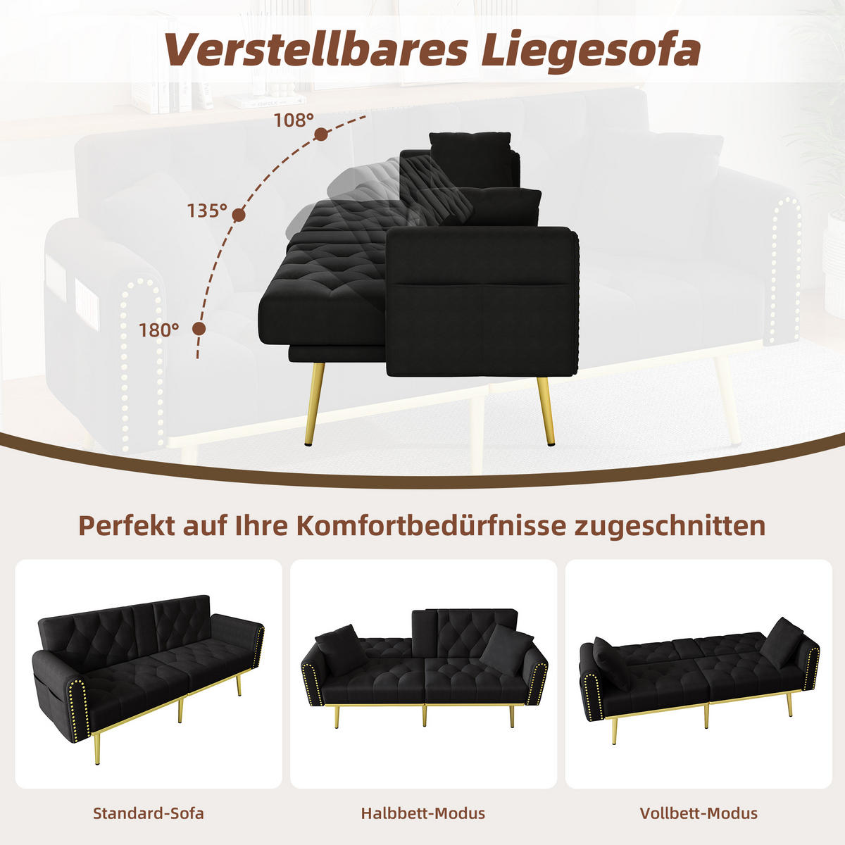 SCHLAFSOFA Samt mit verstellbarer Rückenlehne und Getränkehalter Schwarz 175/80/73,5 cm - Schwarz, Textil (73.5/175/80cm) - Redom