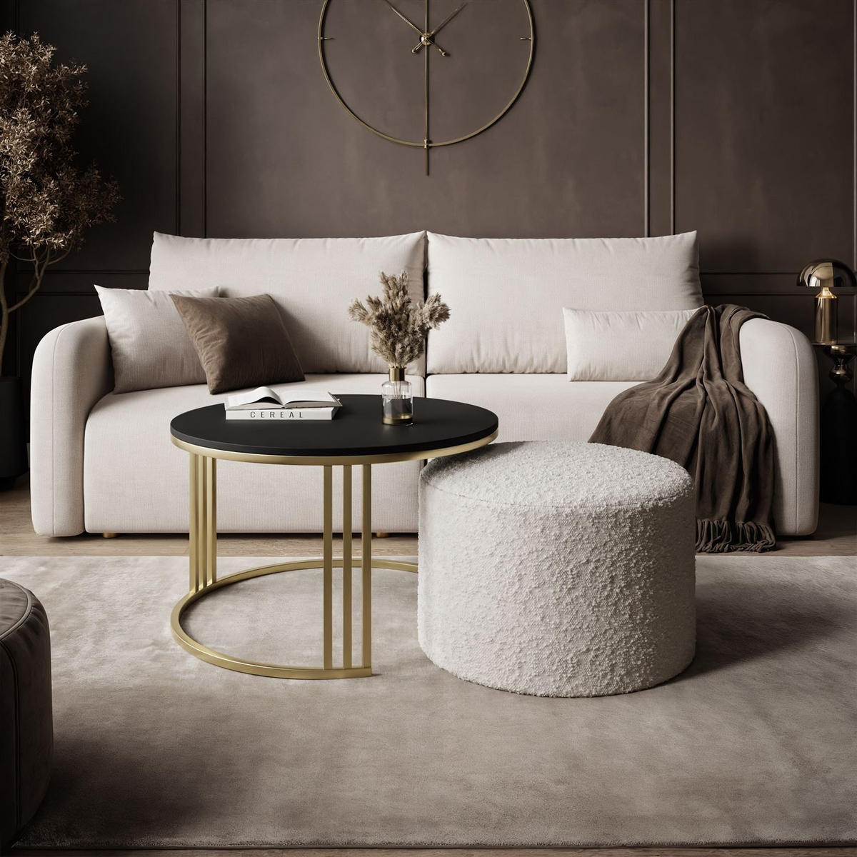 COUCHTISCH mit Hocker LORI MAT gebürstetes Gold/schwarz matt/Coral 65 - Schwarz, Metall (70/70/49cm) - Lookway