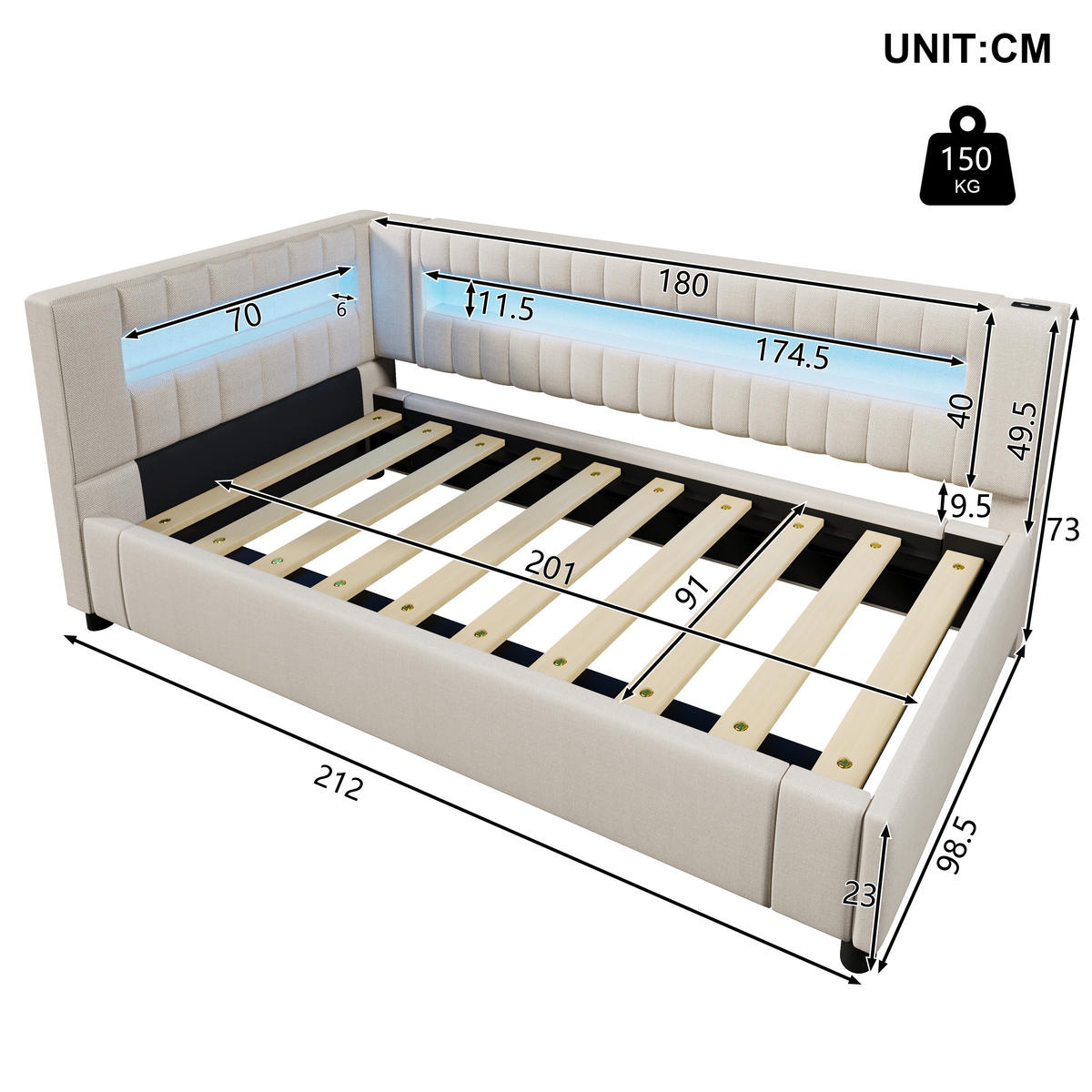 POLSTERBETT 90/200 cm Beige mit Stauraum mit LED-Beleuchtung aus Leinen - Beige, Textil (90/200cm) - OKWISH