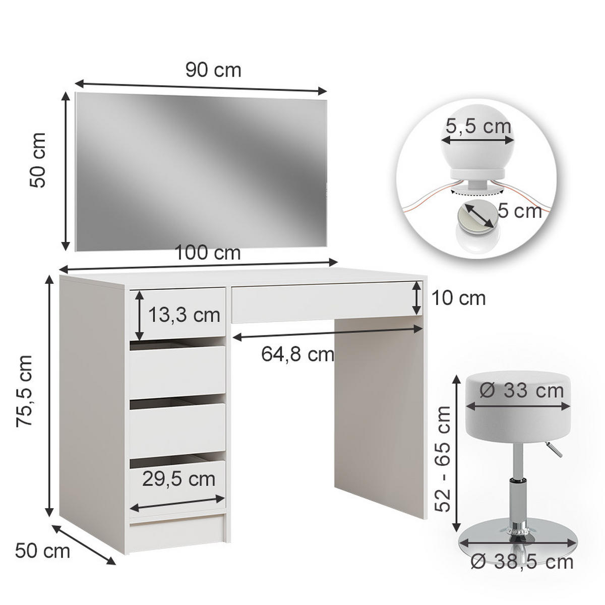 TOALETNÍ STOLEK Thalia Bílá - bílá, kompozitní dřevo (100/75.5/50cm) - Vicco