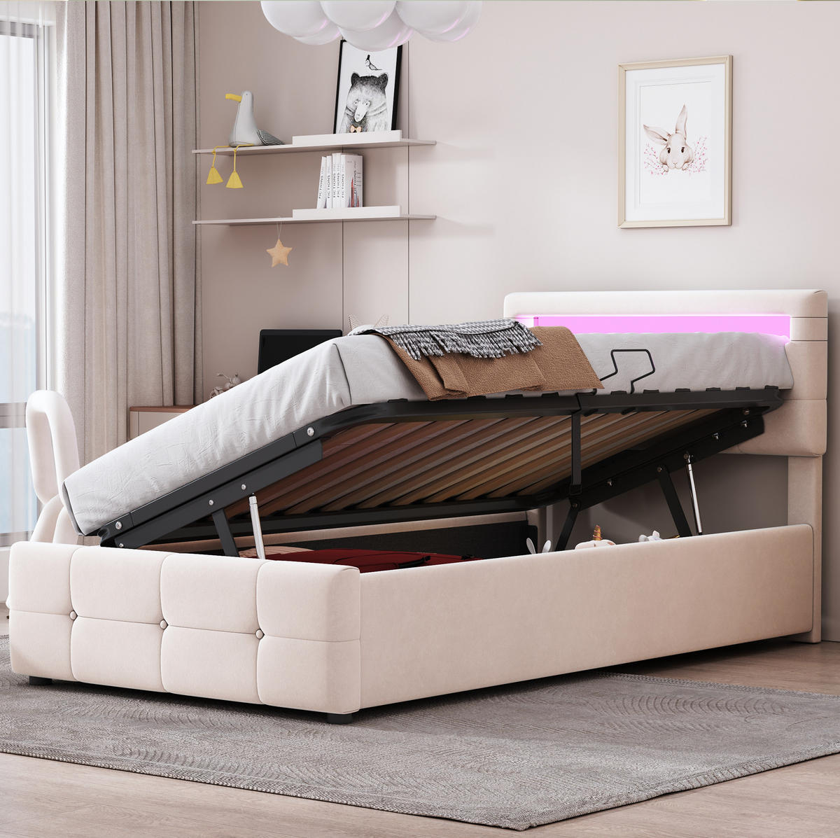 TAPECIRANI krevet 90/200 cm bež od baršuna s LED rasvjetom i prostorom za odlaganje - bež, tekstil (90/200cm) - OKWISH