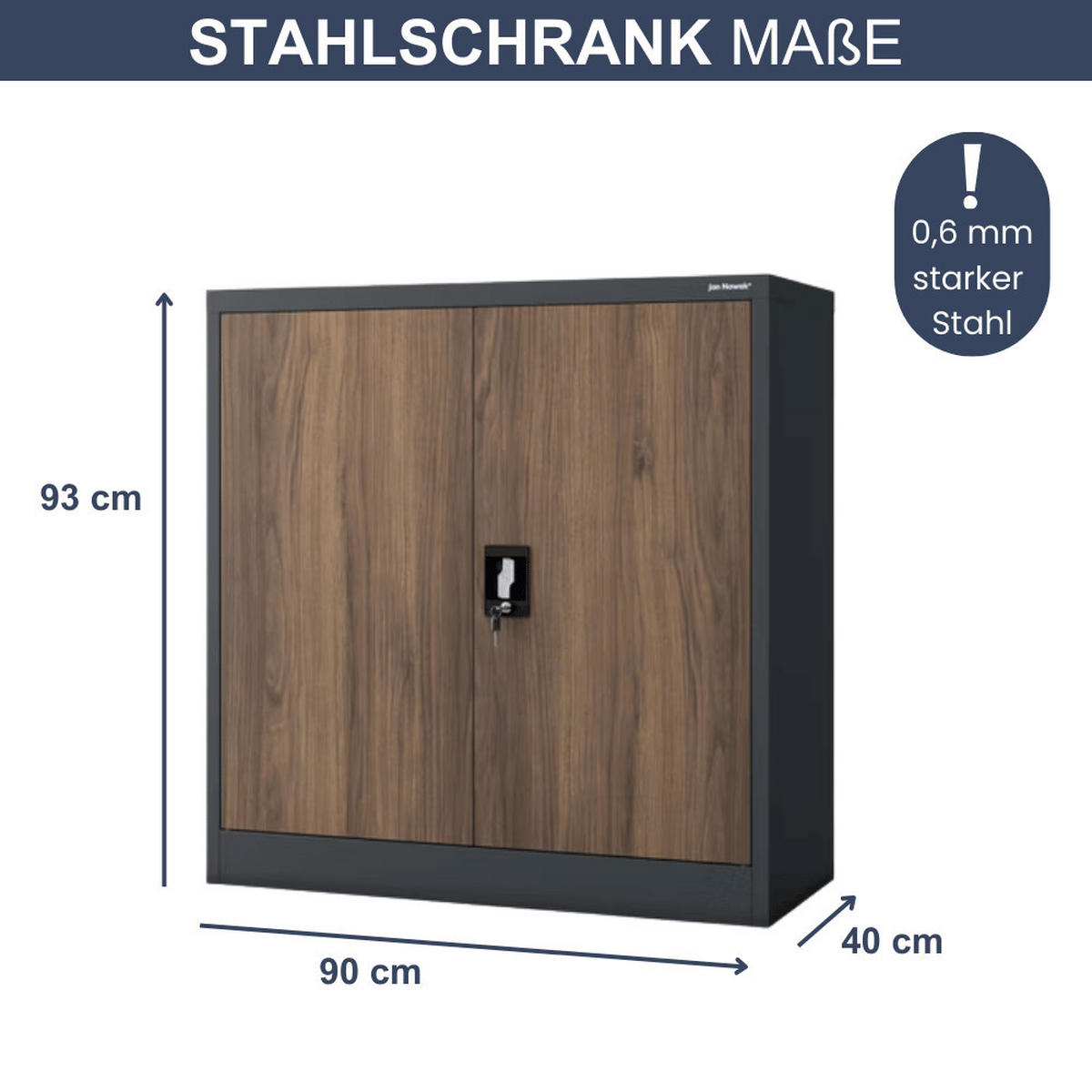 AKTENSCHRANK abschließbar KADO mit Flügeltüren 93x90x40cm Anthrazit-Nussbaum - Anthrazit, Metall (90/93/40cm) - DELUKE