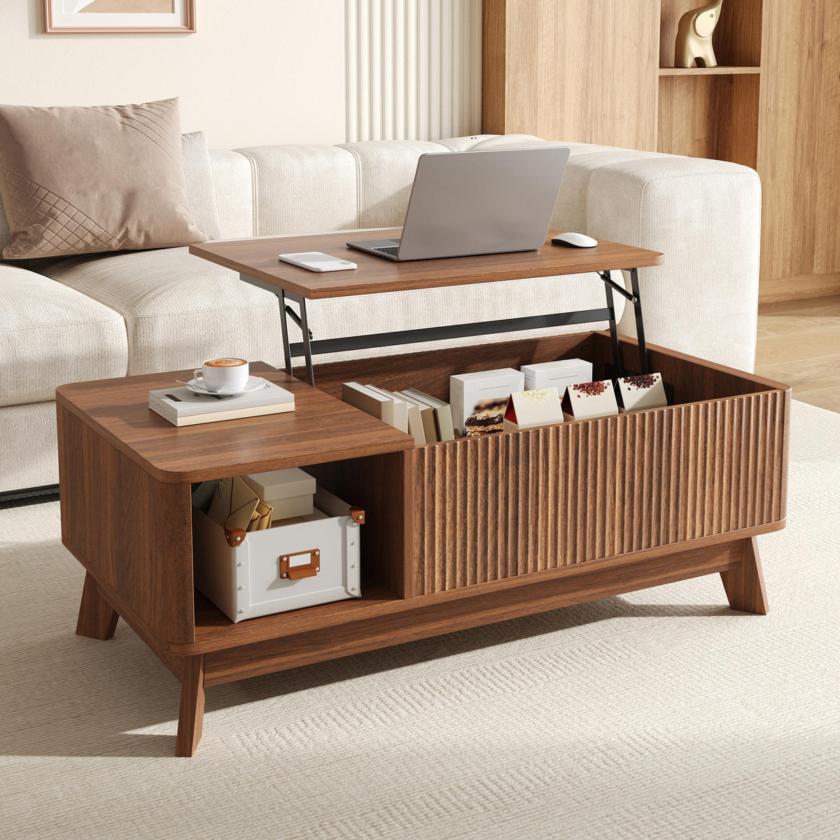 COUCHTISCH Hubfunktion Wellenoptik MDF Stauraum modern - Walnussfarben, Holzwerkstoff (95/48/50cm) - FLIEKS