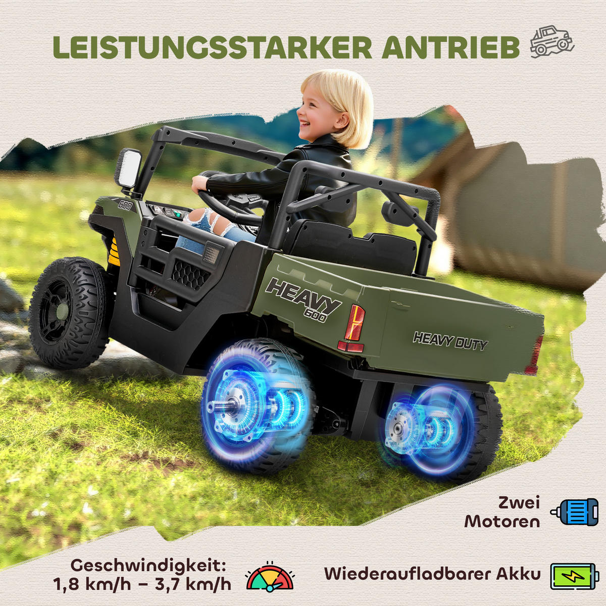 ELEKTROFAHRZEUG DE-06223 UTV-Design mit Kofferraum und 2 Motoren Grün - Grün, Kunststoff/Metall (105/60/60cm) - ComfortXL