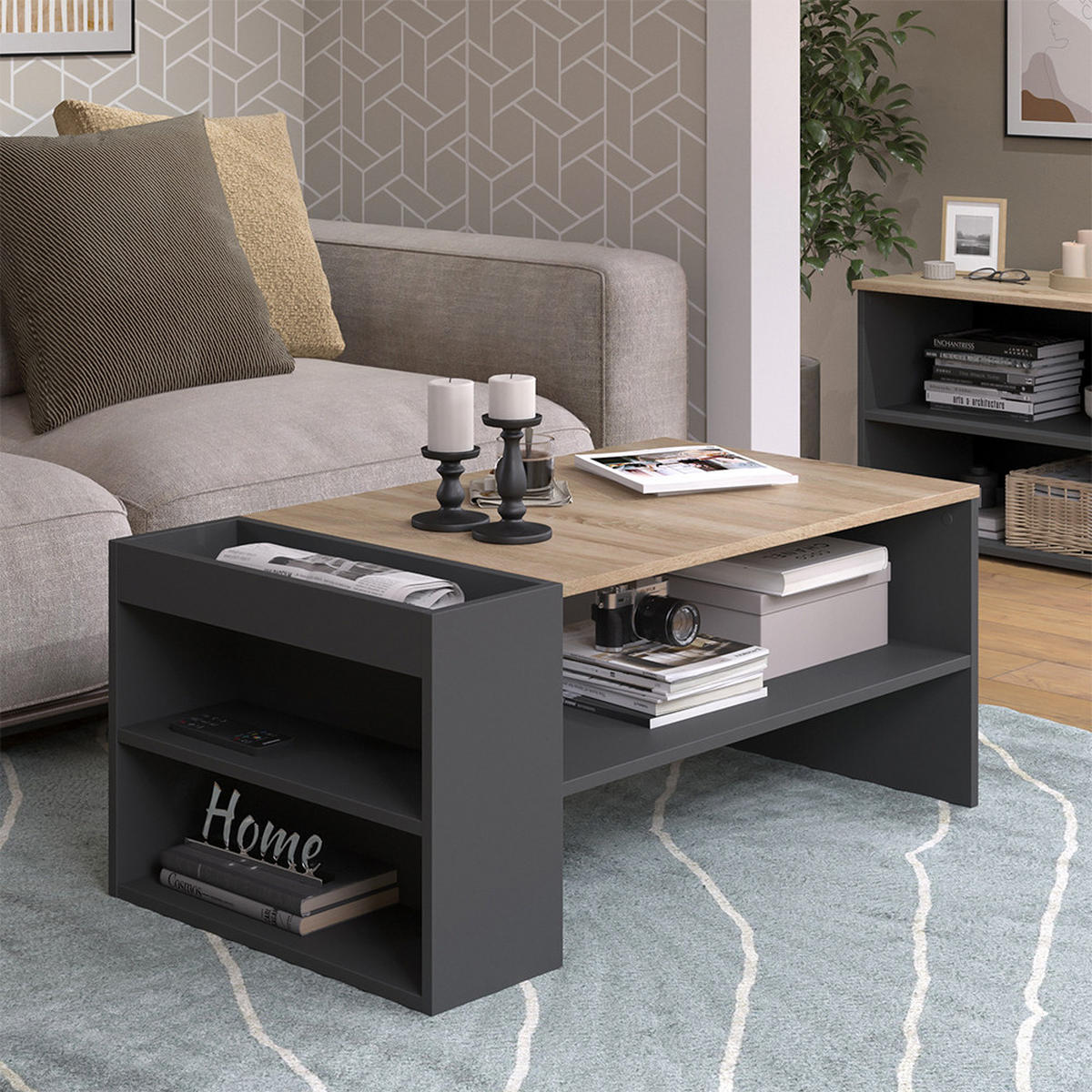 COUCHTISCH Wido Anthrazit/Sonoma 100 x 55 cm mit Regalen - Anthrazit, Holzwerkstoff (55/100/42cm) - Vicco