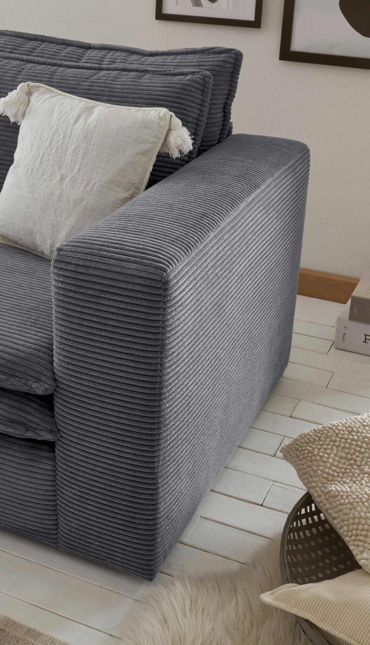 LOVESEAT Set grau Cord, Loungesessel inklusive Hocker - Beige/Grau, Holz/Kunststoff (176/83/125cm) - Furn.Design