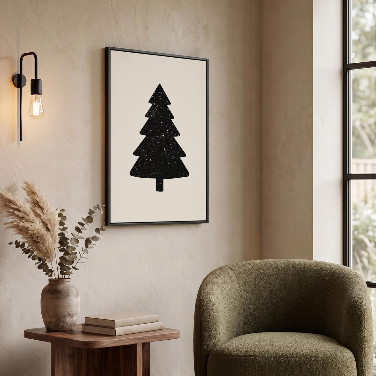 LEINWAND Bilder mit Rahmen - Weihnachtsbaum - Schwarz - Urlaub - Beige - 60x80 - Schwarz, Textil (60/80cm) - MuchoWow