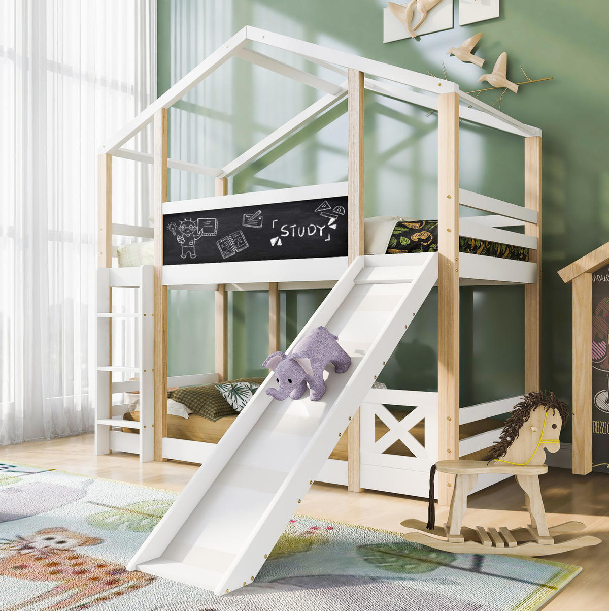 ETAGENBETT 90/200 cm in Weiß aus Kiefer mit Rutsche und Leiter - Weiß, Holz (90/200cm) - OKMYHOME