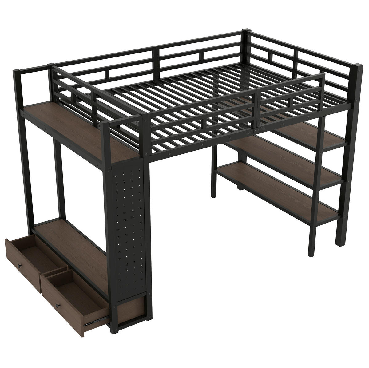 HOCHBETT MDF & Metall 140x200 cm Schwarz mit Kleiderschrank, Regalen, Lochwand und LED-Beleuchtung - Schwarz, Holzwerkstoff (140/200cm) - Modfu