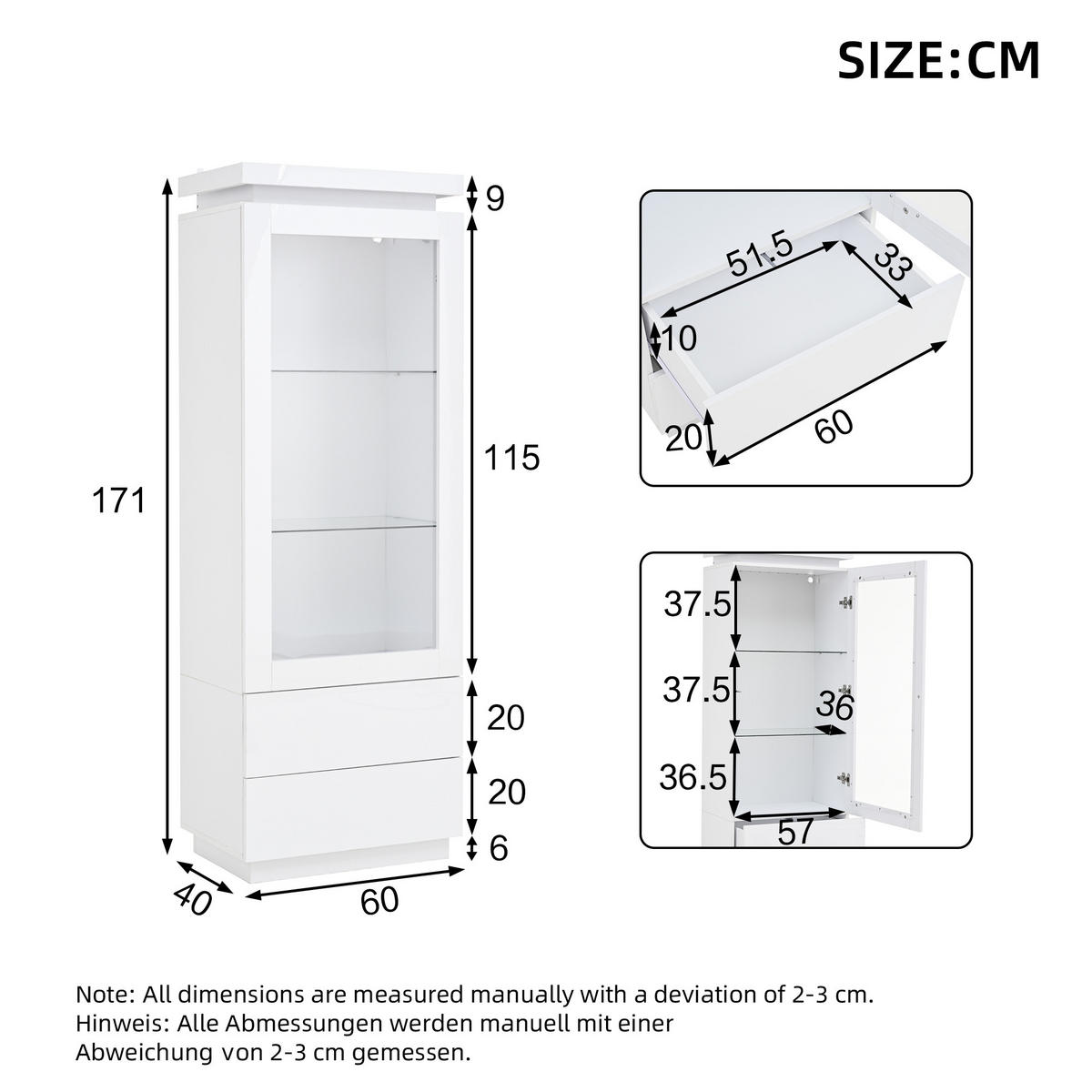 VITRINE in Weiß Hochschrank mit LED-Beleuchtung und 2 Schubladen für Wohnzimmer, B60/T40/H171cm - Transparent/Weiß, Glas/Holzwerkstoff (60/171/40cm) - STILVORA