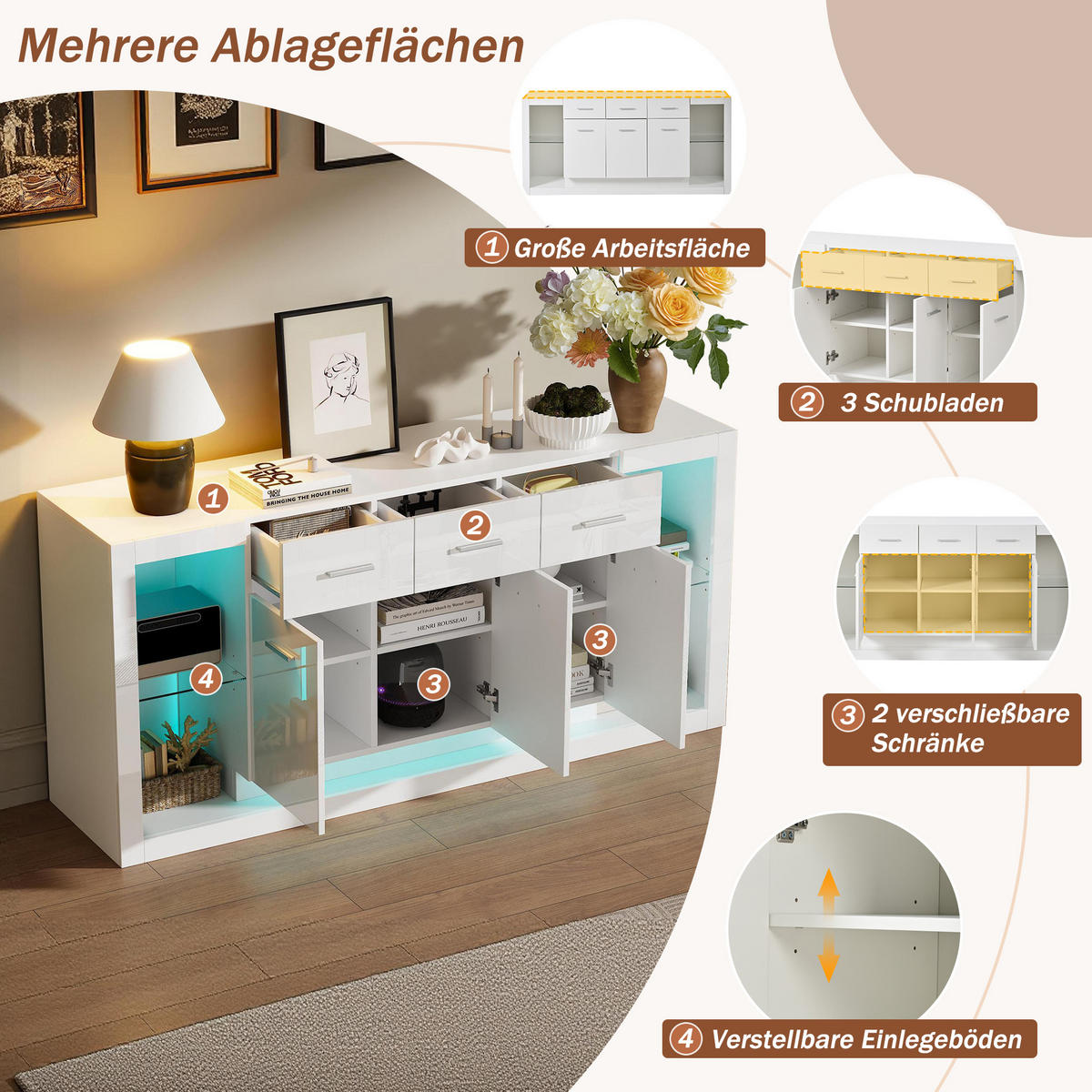 KOMODA 160x40x75 cm Bijela LED 3 ladice - bijela, drvni materijal (40/75/160cm) - FLIEKS