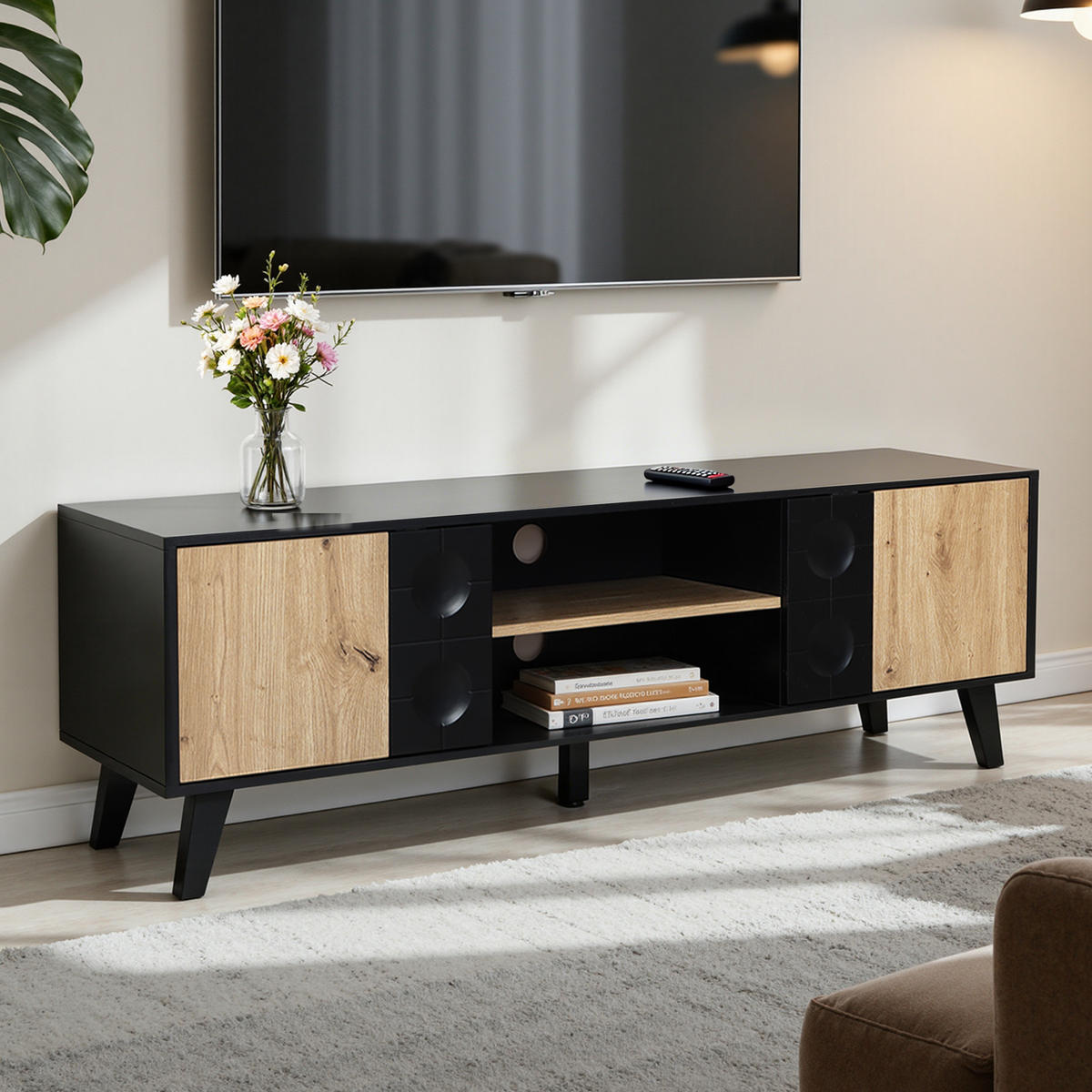 TV-SCHRANK in Natur und Schwarz B45 x T40 x H140 cm - Schwarz, Holz (140/48/40cm) - Hometopia