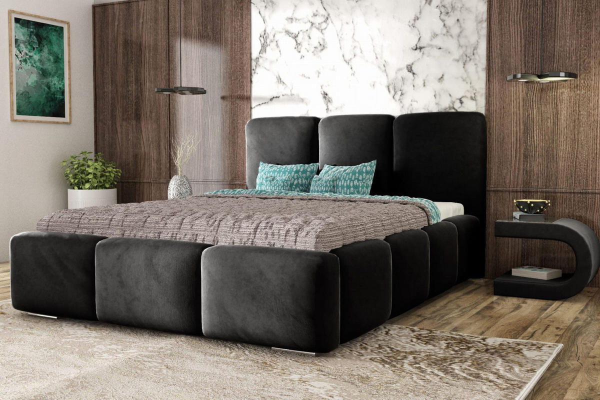 POLSTERBETT ROYAL, 160 x 200 cm mit Bettkasten und Lattenrost aus Metall, Velourstoff, Frabe: Schwarz - Schwarz, Holz/Kunststoff (160/200cm) - Agmat-Furniture