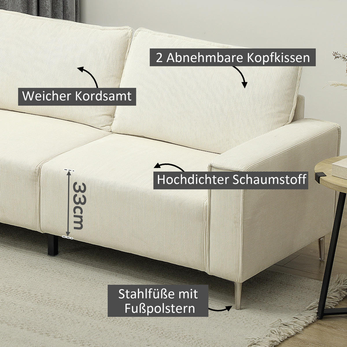 3-SITZER-SOFA aus Polyester 77x193x80 cm Cremeweiß mit Rückenkissen, Cordbezug und Federkomfort - Weiß, Textil (193/80/77cm) - Modfu