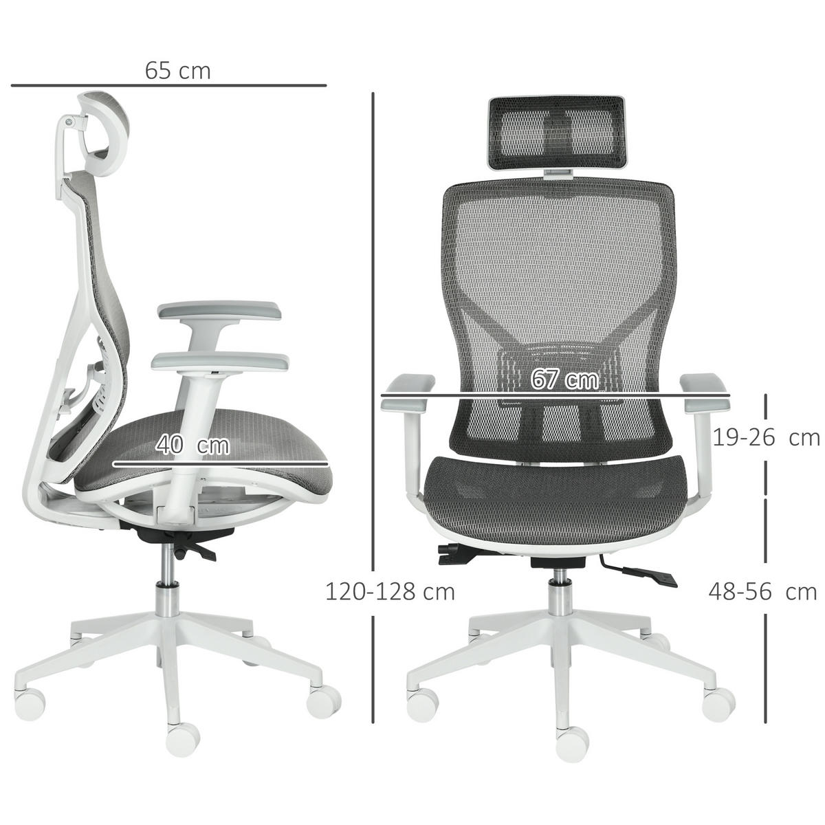 BÜROSTUHL, Armlehne, Mesh-Stoff - Grau, Kunststoff (65/128/67cm) - Vinsetto