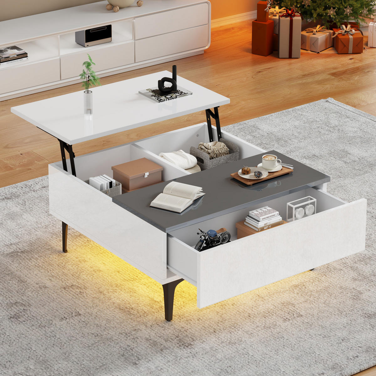 COUCHTISCH höhenverstellbar 70x70 cm MDF Weiß-Grau mit LED - Weiß, Wellpappe (70/70/35cm) - Meubliv